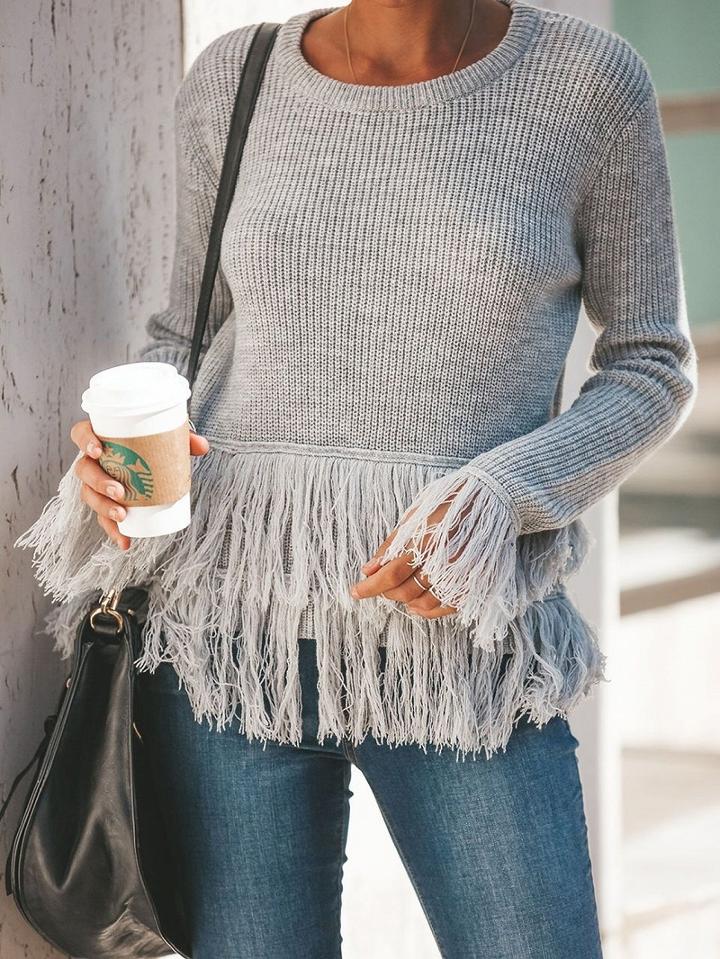 Choies Gray Crew Neck Tassel Trim Long Sleeve Sweater