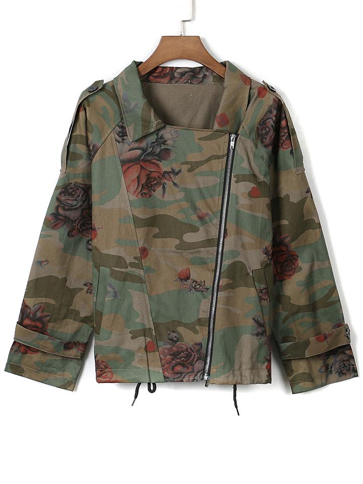 Choies Army Green Epaulet Lapel Floral Drawstring Coat
