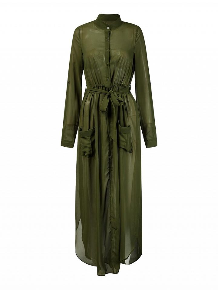 Choies Army Green Lapel V-neck Tie Waist Side Split Maxi Dress