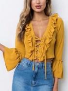 Choies Yellow Lace Up Front Ruffle Trim Long Sleeve Blouse