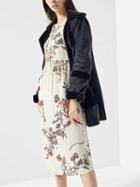 Choies White Lace Up Front Floral Print Long Sleeve Midi Dress