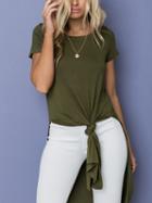 Choies Army Green Crew Neck Split Side Polyester Casual Women Blouse