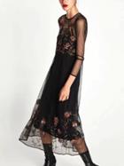 Choies Black Embroidery Floral Mesh Midi Dress And Cami Lining