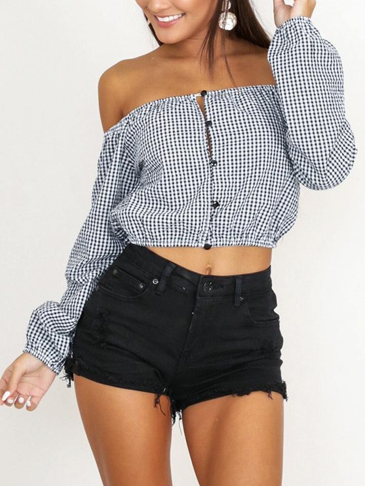 Choies Monochrome Gingham Off Shoulder Long Sleeve Crop Top
