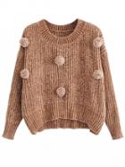 Choies Dark Khaki Pom Pom Detail Knit Sweater