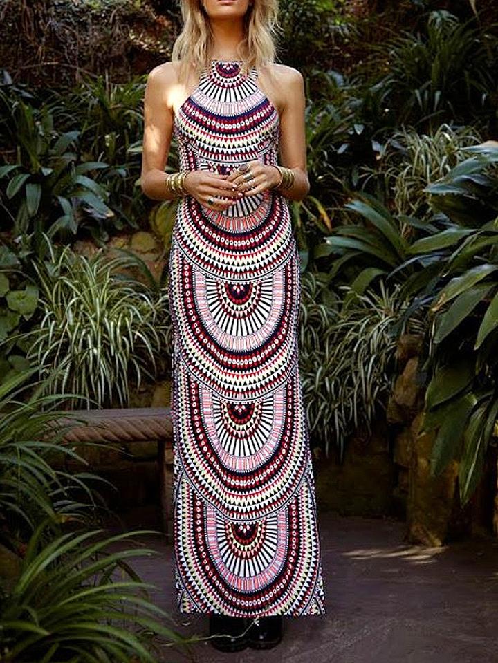 Choies Polychrome Halter Geo Pattern Print Thigh Split Side Maxi Dress