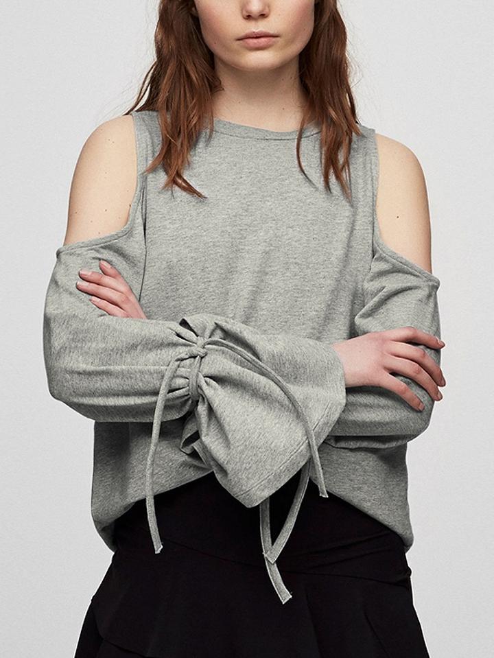Choies Gray Cold Shoulder Tie Cuff Flared Sleeve T-shirt