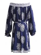 Choies Blue Stretch Shirred Panel Off Shoulder Tie Waist Mini Dress