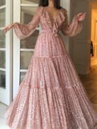 Choies Golden V-neck Sequin Detail Ruffle Trim Puff Sleeve Maxi Dress