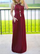 Choies Burgundy Pocket Detail Sleeveless Maxi Dress
