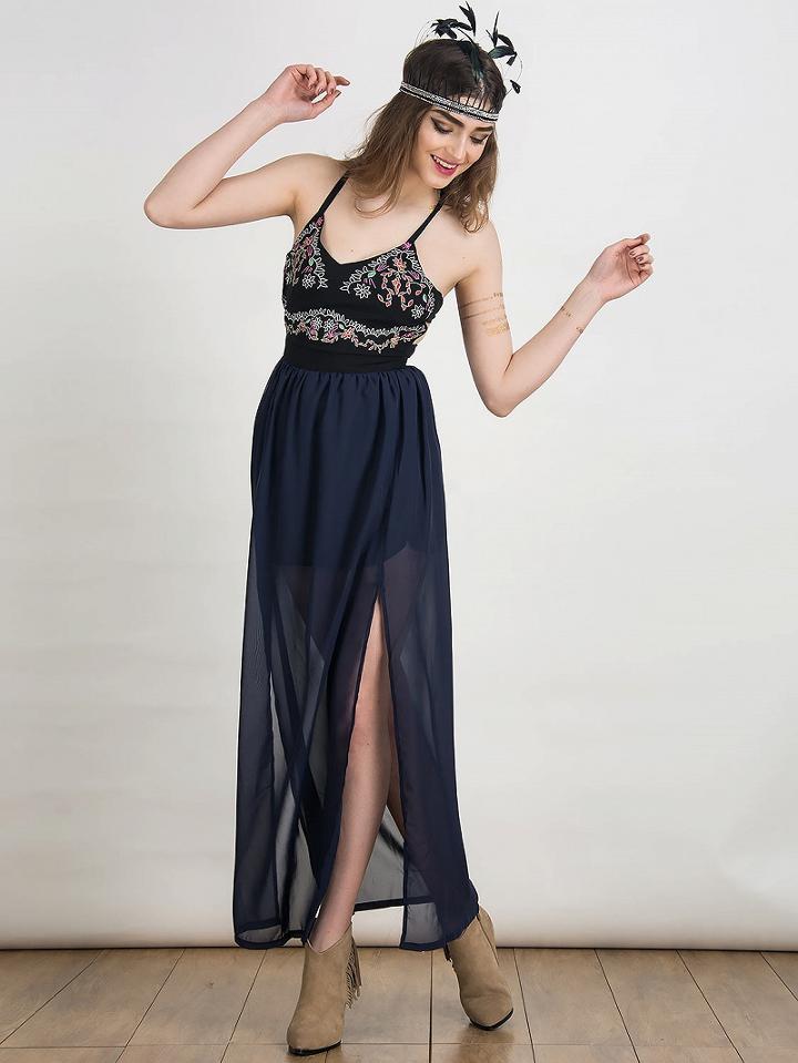 Choies Black V-neck Embroidery Pattern Cut Out Maxi Chiffon Dress