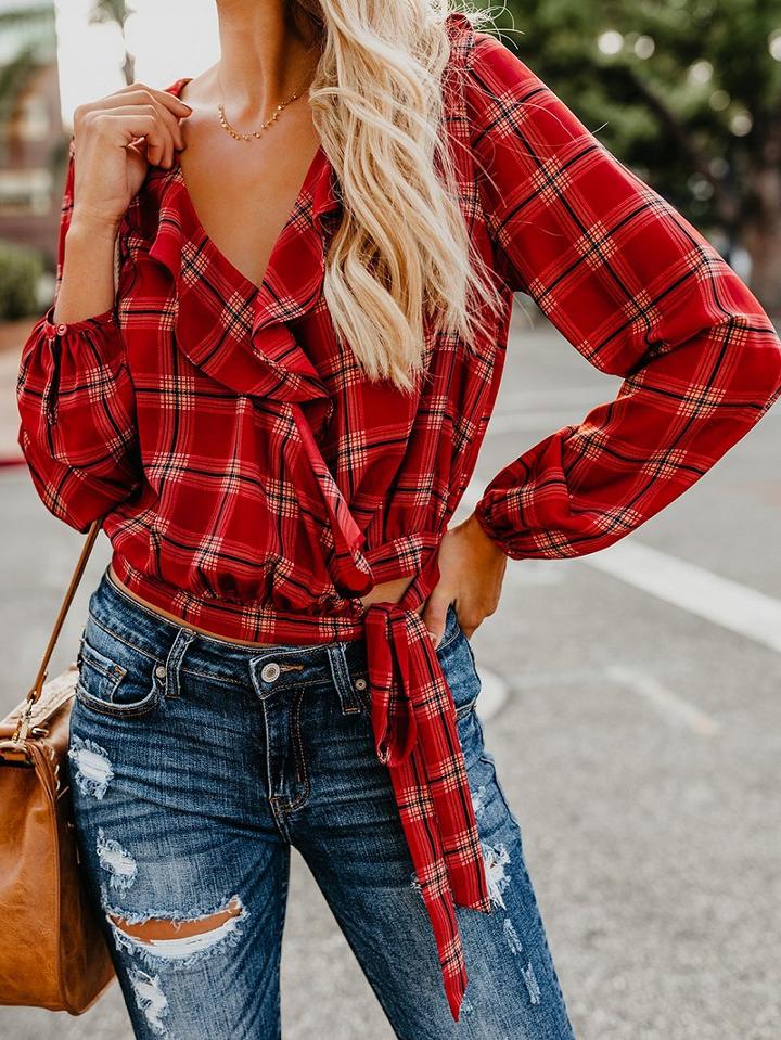 Choies Red Plaid V-neck Ruffle Trim Long Sleeve Chic Women Crop Blouse