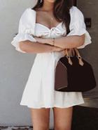 Choies White V-neck Tie Front Ruffle Trim Puff Sleeve Chic Women Mini Dress
