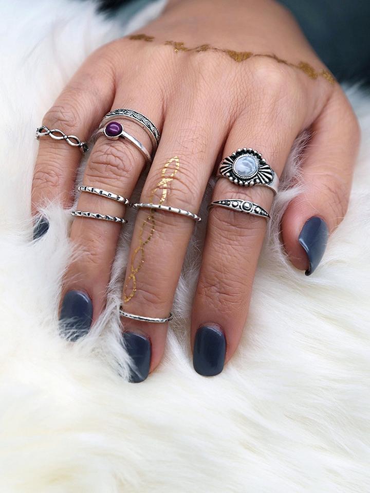Choies Silver Stone 9 Pack Rings