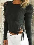 Choies Green Lace Up Detail Long Sleeve Rib Knit Sweater