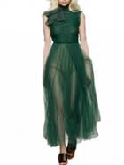 Choies Green Tie Neck Sleeveless Ruched Tulle Maxi Dress
