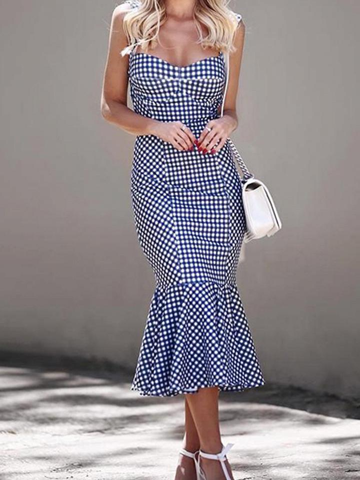 Choies Blue Plaid Cotton Blend Fishtail Hem Chic Women Cami Midi Dress