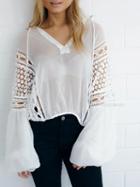 Choies White V Neck Tie Front Crochet Lace Panel Puff Sleeve Blouse