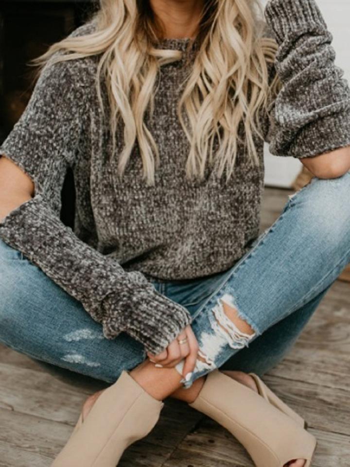 Choies Gray Broken Hole Long Sleeve Knit Sweater