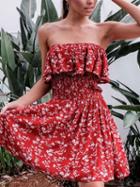 Choies Red Off Shoulder Ruffle Trim Floral Print Dress