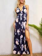 Choies Dark Blue Plunge Floral Print Cross Strap Back Split Maxi Dress