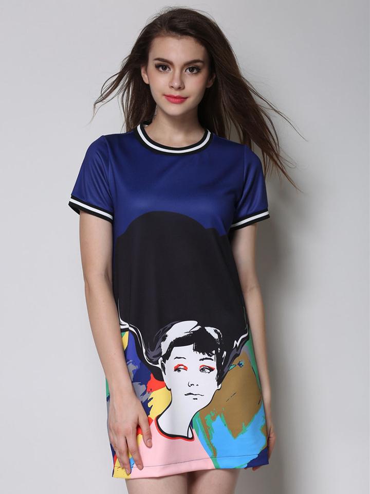 Choies Navy Character Print Short Sleeve T Shirt Dress
