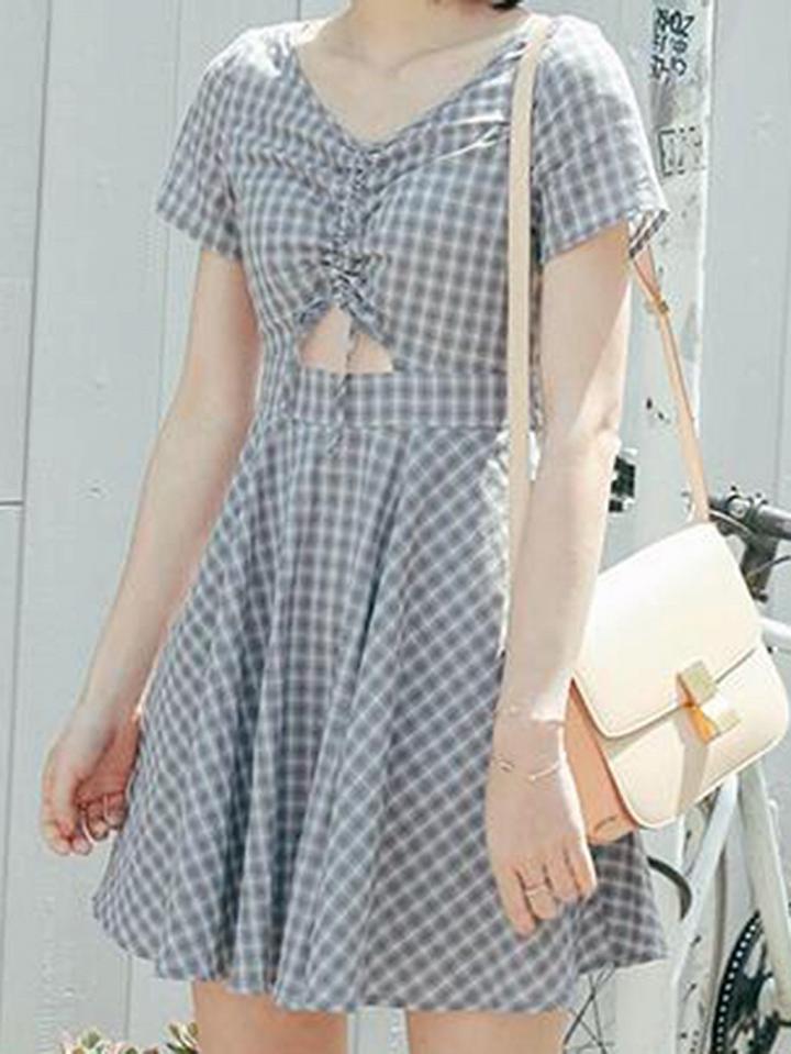 Choies Blue Plaid Cotton V-neck Tie Waist Chic Women Mini Dress