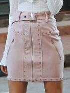 Choies Pink High Waist Buckle Strap Stud Detail Suede Mini Skirt