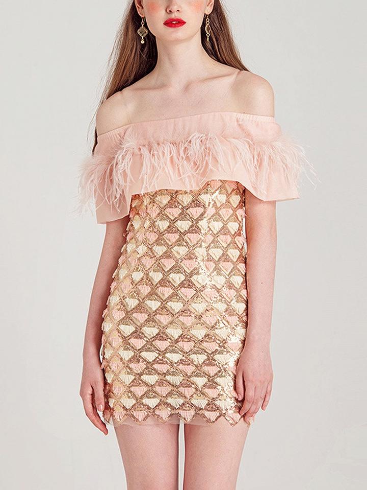 Choies Pink Off Shoulder Feather Ruffle Sequin And Tassels Mini Dress