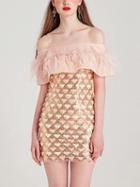 Choies Pink Off Shoulder Feather Ruffle Sequin And Tassels Mini Dress