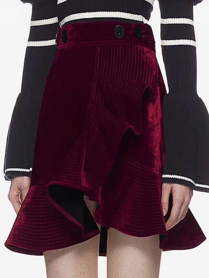Choies Burgundy Velvet Ruffle Trim Mini Skirt