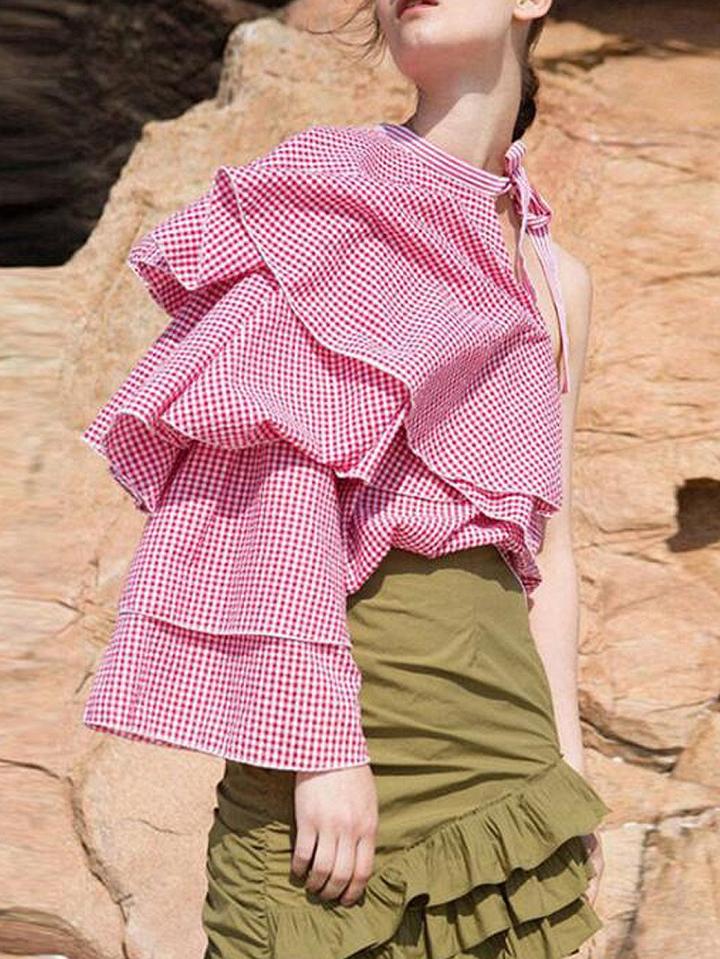 Choies Red Plaid  One Shoulder Tie Neck Layered Blouse