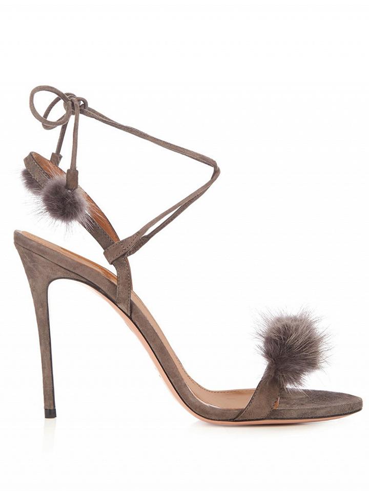 Choies Gray Leather Pom Pom Detail Tie Heeled Sandals