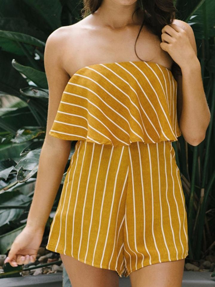 Choies Orange Stripe Off Shoulder Ruffle Bandeau Romper Playsuit
