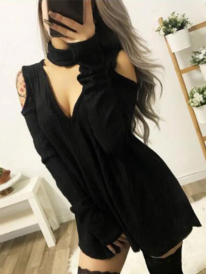 Choies Black Choker Neck Plunge Cold Shoulder Long Sleeve Mini Dress