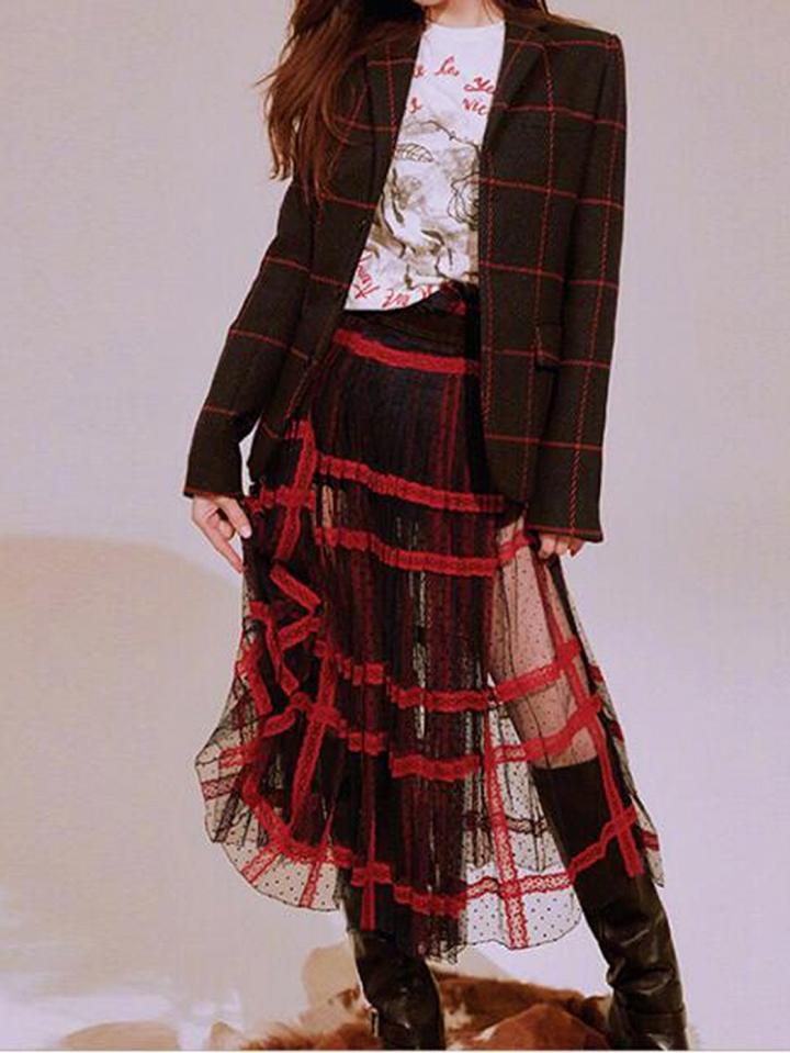 Choies Red Plaid High Waist Polka Dot Print Sheer Mesh Midi Skirt