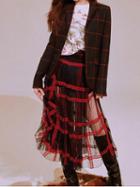 Choies Red Plaid High Waist Polka Dot Print Sheer Mesh Midi Skirt