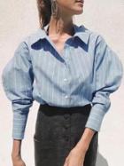 Choies Blue Stripe Ring Belt Detail Dipped Hem Long Sleeve Shirt