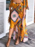Choies Yellow Geo-tribal Print Tie Waist Wrap Maxi Skirt