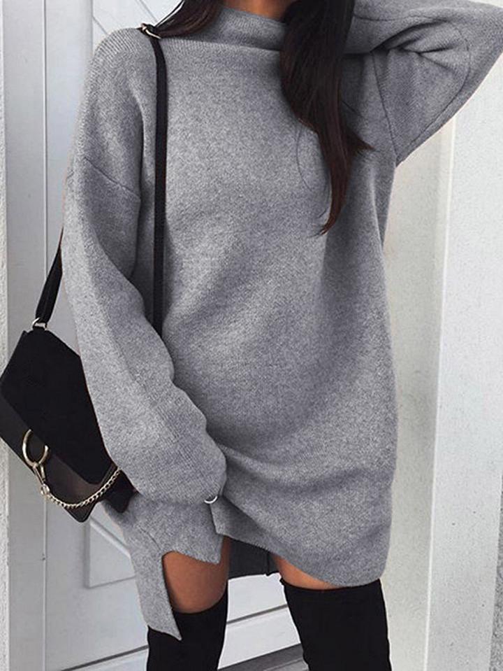 Choies Gray Cotton Blend High Neck Long Sleeve Women Mini Dress