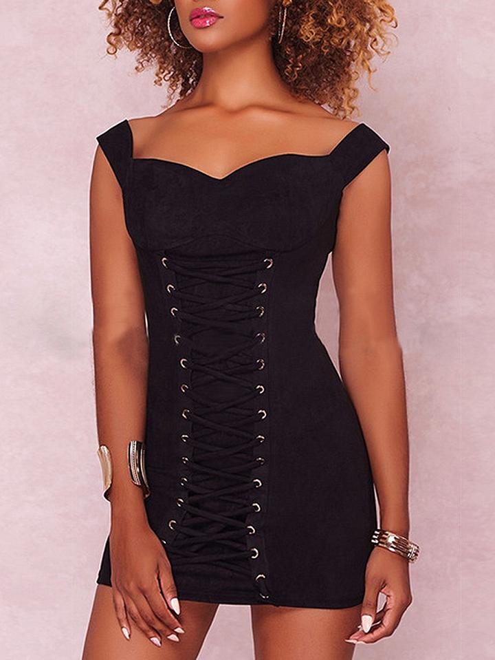 Choies Black Velvet Eyelet Lace Up Front Bodycon Mini Dress
