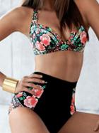 Choies Black Halter Floral Print Bikini Top And High Waist Bottom