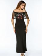 Choies Black Off Shoulder Embroidered Mesh Layer Maxi Dress