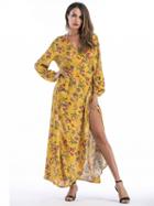 Choies Yellow V-neck Tie Waist Print Detail Thigh Split Maxi Dress