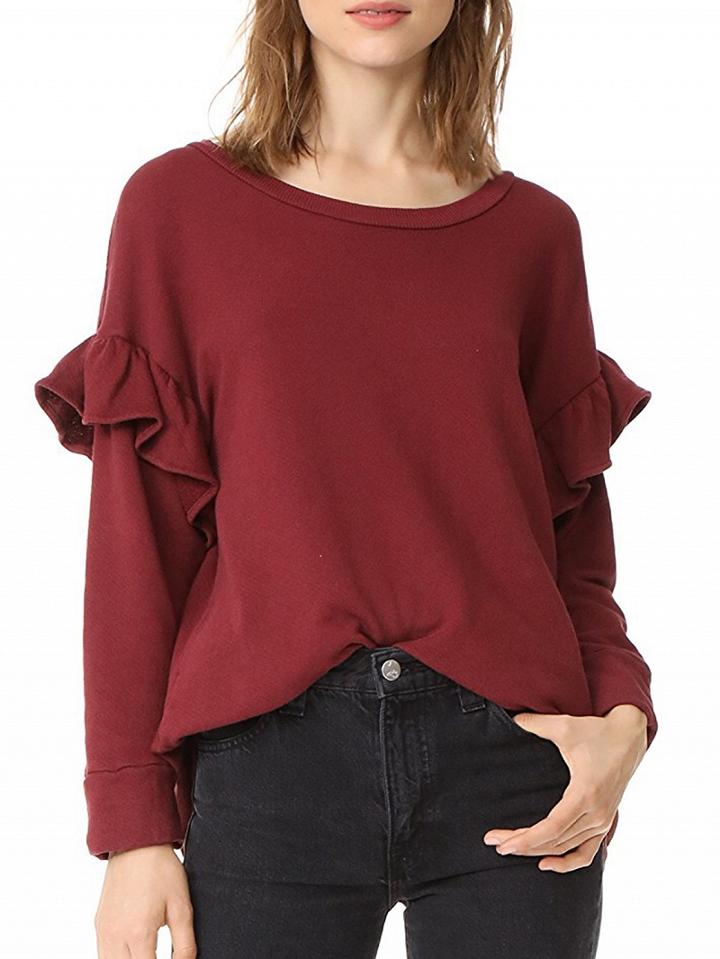 Choies Burgundy Ruffle Trim Long Sleeve Sweatshirt