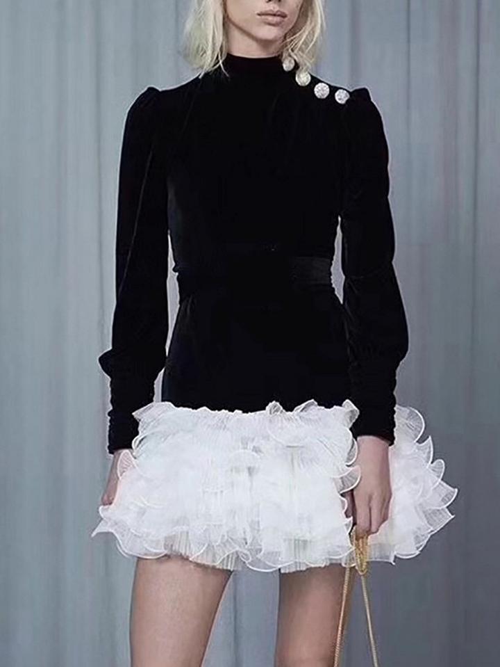 Choies Black Contrast Velvet Frill Trim Long Sleeve Women Mini Dress