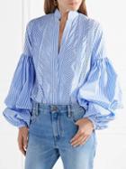 Choies Blue Stripe Ruched Detail Puff Sleeve Shirt