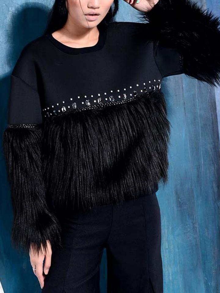 Choies Black Faux Fur Trim Sweatshirt