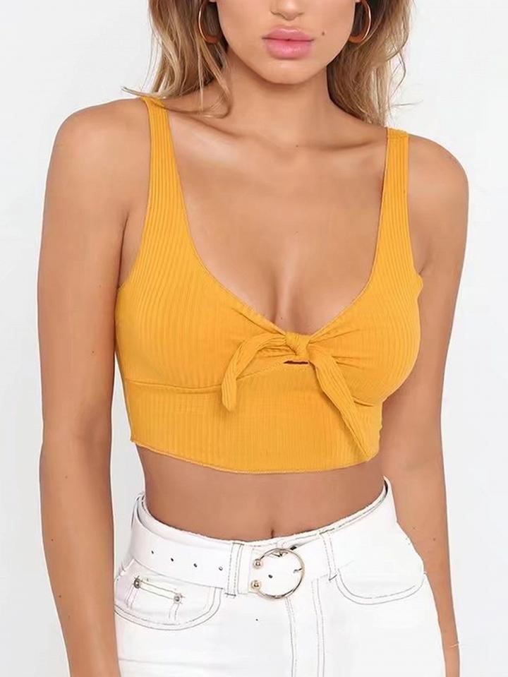 Choies Yellow Knot Front Ribbed Crop Tank