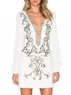 Choies White Lace Up Front Embroidery Detail Long Sleeve Mini Dress